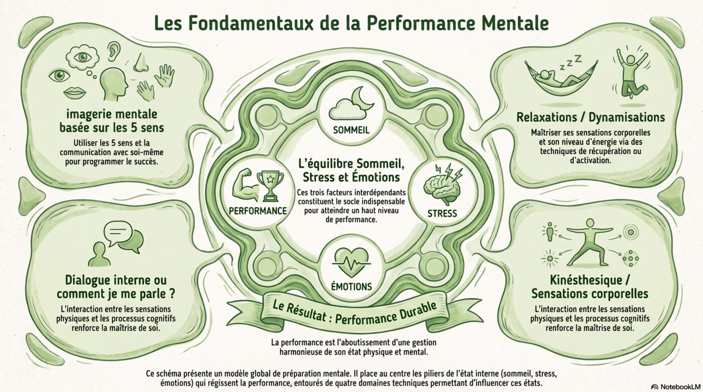 Schéma des fondamentaux de la performance mentale : sommeil, stress, émotions et performance