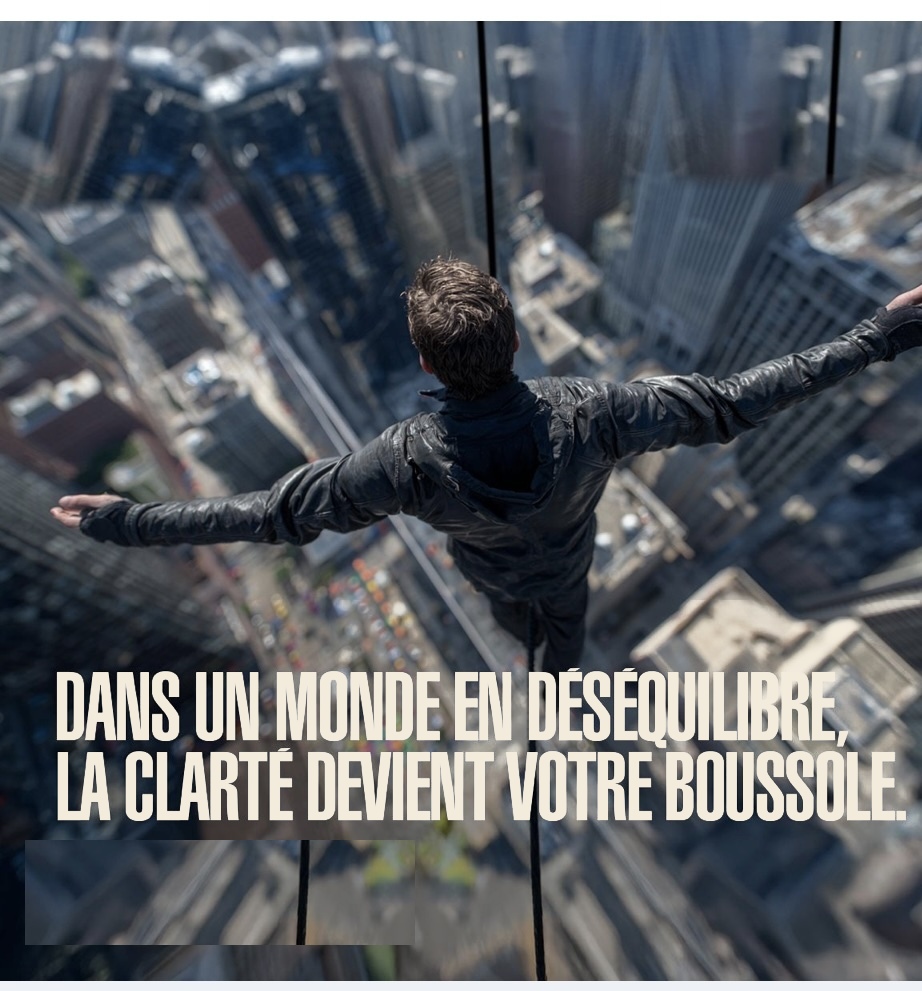 Personne en équilibre sur un fil au-dessus d'une ville — dans un monde en déséquilibre, la clarté devient votre boussole